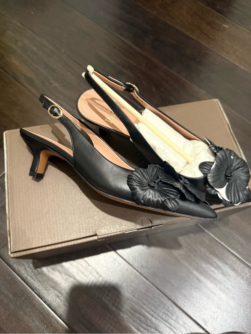 Línea Paolo Black Slingback Kitten Heels with Floral Applique